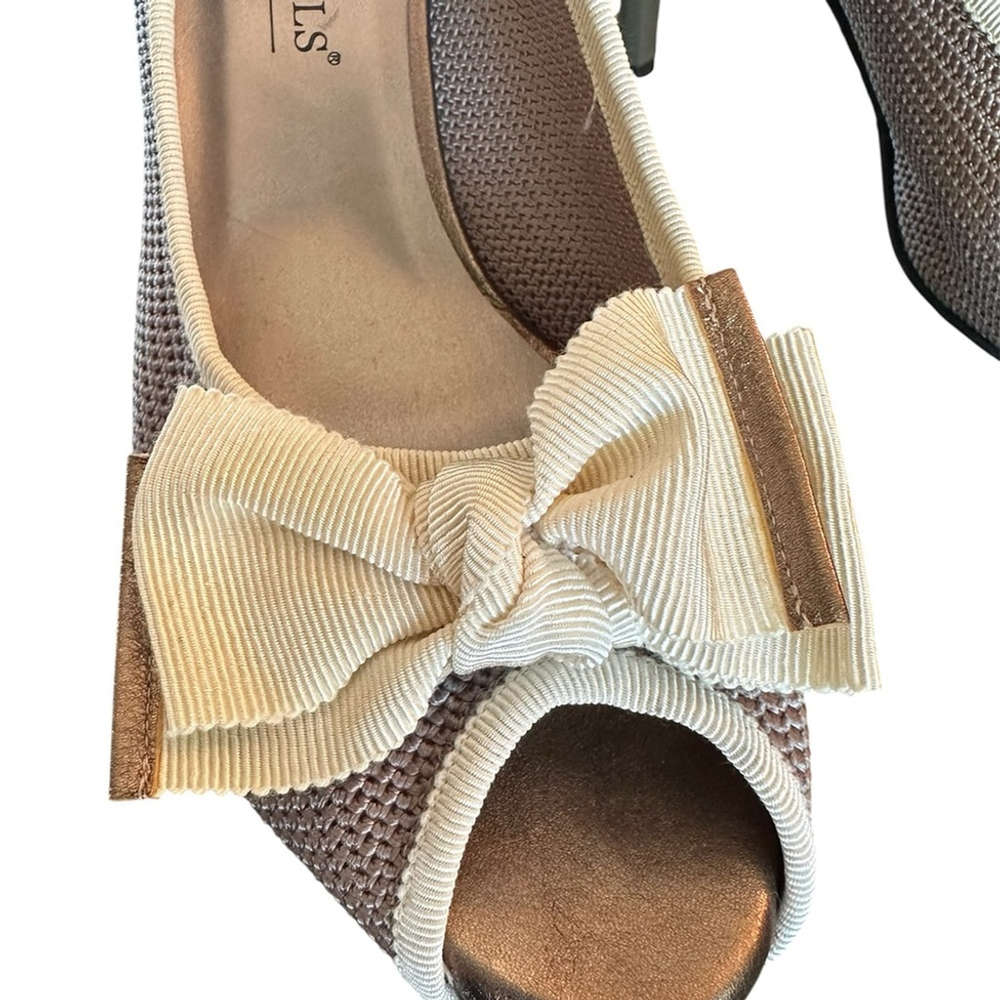 RON WHITE PEEP TOE ALL DAY HEELS W/CONTRASTING BOW & TRIM, MESH FABRIC SZ 38.5 - Picture 5 of 11